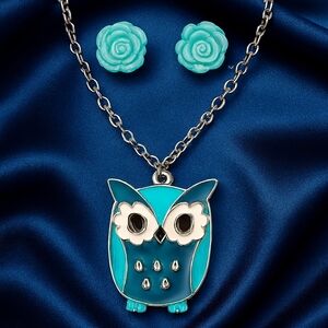 Whimsical Owl Pendant & Blue Rose Studs Earrings – Silver Chain Jewelry Set 18"